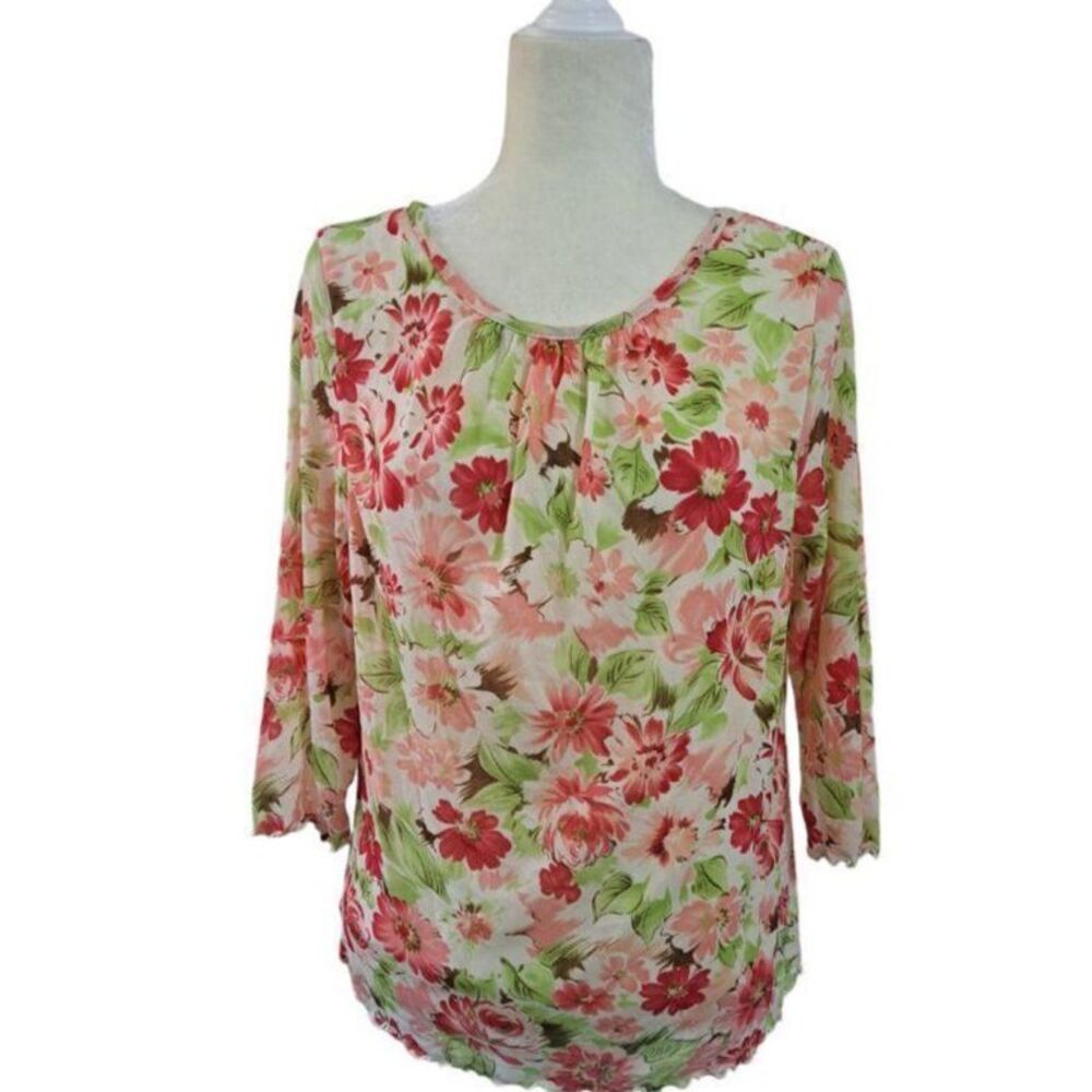 Avenue Women's 3/4 Sleeve Floral Multi Color Mesh Top Blouse 14-16